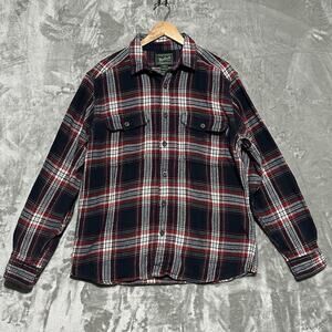 Woolrich Heavy Cotton Flannel Shirt Jacket Mens Size L Black Red Plaid Outdoors